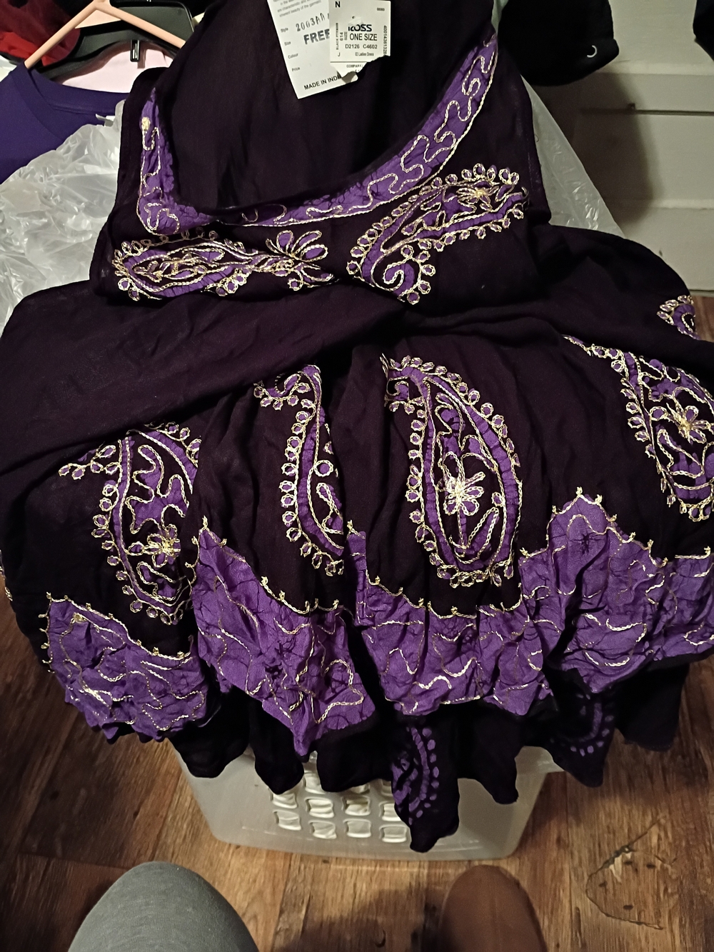 Embroidered Purple Tiered Mini Dress with Gold Accents